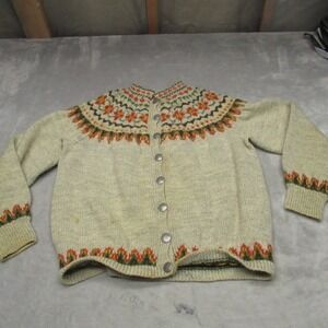 Tronderstua Sweater Unisex Small White‎ Wool Fair Isle Cardigan Ethnic Boho VTG